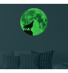 Adesivo lupo e luna piena luminescente fosforescente che si illumina al buio