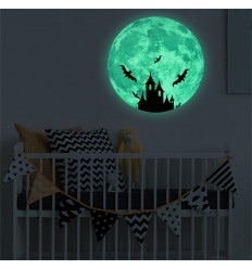 Adesivo luna piena con pipistrelli e castello luminescente fosforescente
